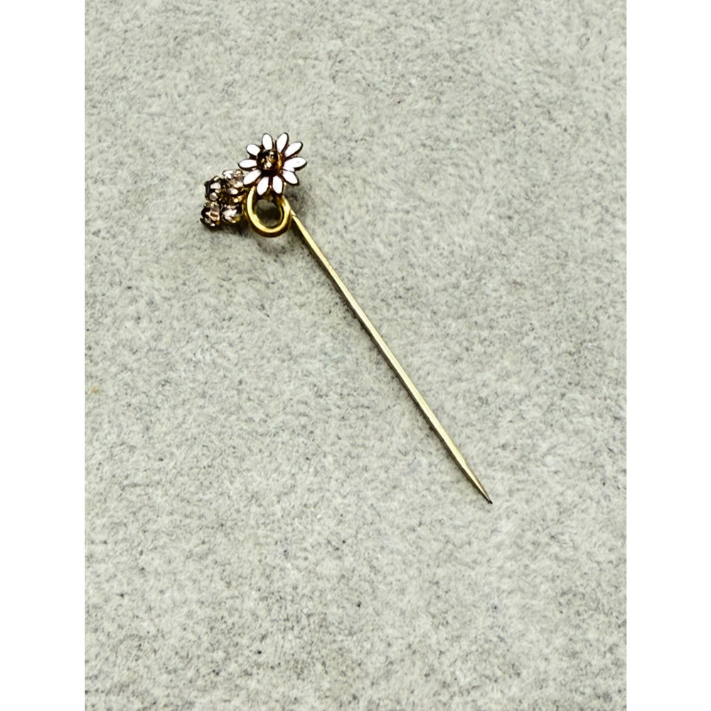 Antique Victorian Gold Filled Stick Pin White Enamel Flower Rhinestones Dainty - Picture 2 of 4